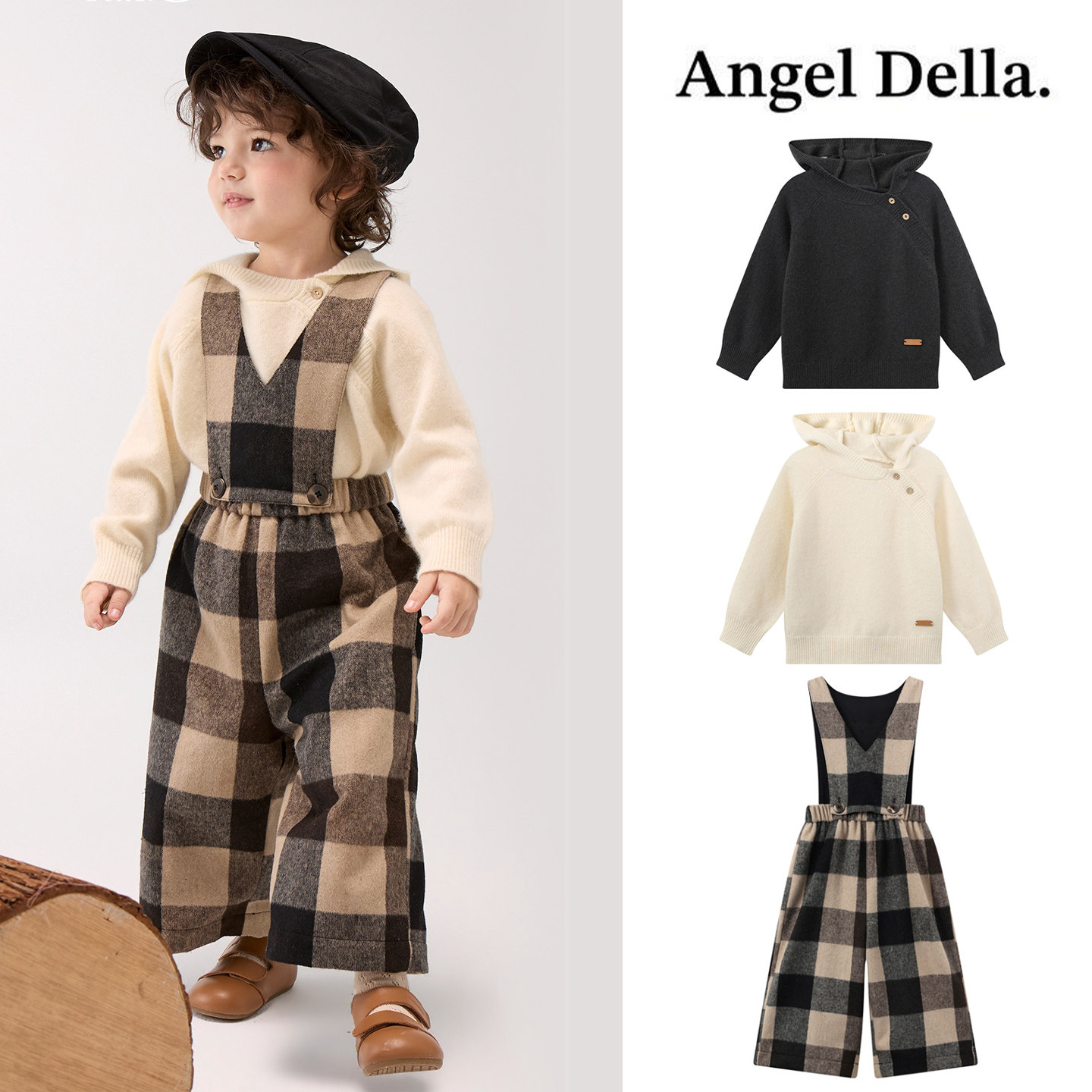 Little现货日本 Angel della FW26 秋冬儿童翻领针织衫格子背带裤