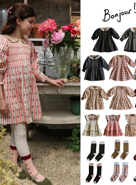 7Z Little现货 法国bonjour FW25女宝复古印花连衣裙袜子