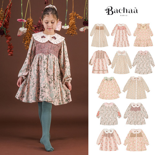 Little家 法国bachaa FW26秋冬女宝长袖印花刺绣连衣裙过膝长裙
