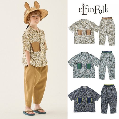 58Z 现货Little日本elfinfolk SS25男女宝复古纯棉衬衫裤套装