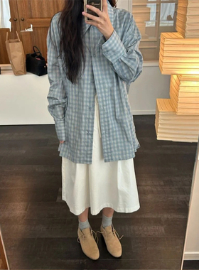 现货PREON工厂自制春季新款蓝色格纹百搭休闲宽松长袖衬衫ethos