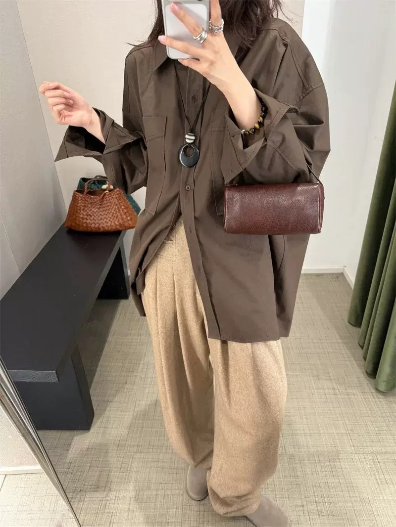 现货PREON工厂自制秋季新款休闲宽松通勤百搭巧克力色衬衫ethos