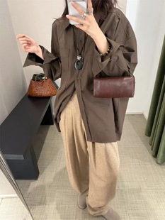 现货PREON工厂自制秋季新款休闲宽松通勤百搭巧克力色衬衫ethos