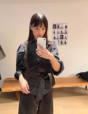 现货PREON工厂自制秋冬复古气质格纹下摆收口长袖衬衫monoha同款