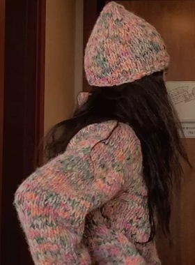 现货PREON工厂自制冬季新款复古可爱混彩配色粗线毛衣帽子套装