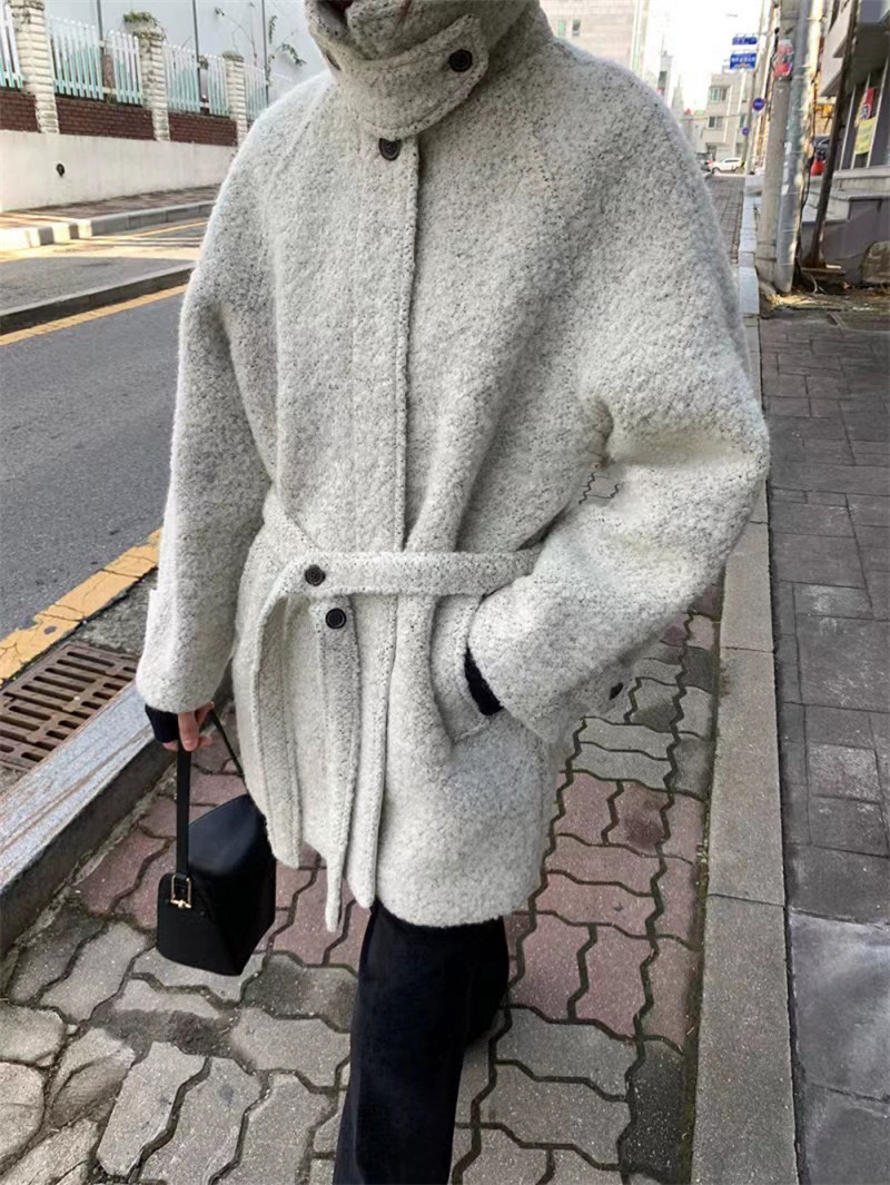 现货PREON工厂自制秋冬气质保暖厚实立领中长款毛圈大衣系带外套