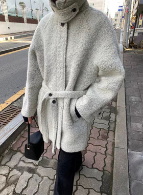 现货PREON工厂自制秋冬气质保暖厚实立领中长款毛圈大衣系带外套