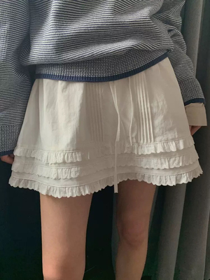 现货PREON工厂自制春夏新款高腰百搭褶皱纯色蛋糕花边半裙短裙