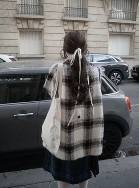 现货PREON工厂自制秋冬新款复古英伦风大格纹立领排扣大衣fletta
