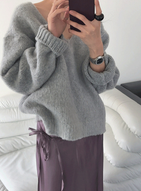 PREON工厂自制春季新款温柔搭配灰色v领毛衣紫色半裙套装东大门