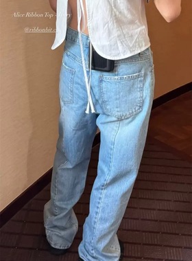 现货PREON工厂自制秋季新款水洗高腰直筒宽松休闲牛仔裤ribbonbit