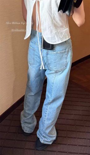 现货PREON工厂自制秋季新款水洗高腰直筒宽松休闲牛仔裤ribbonbit