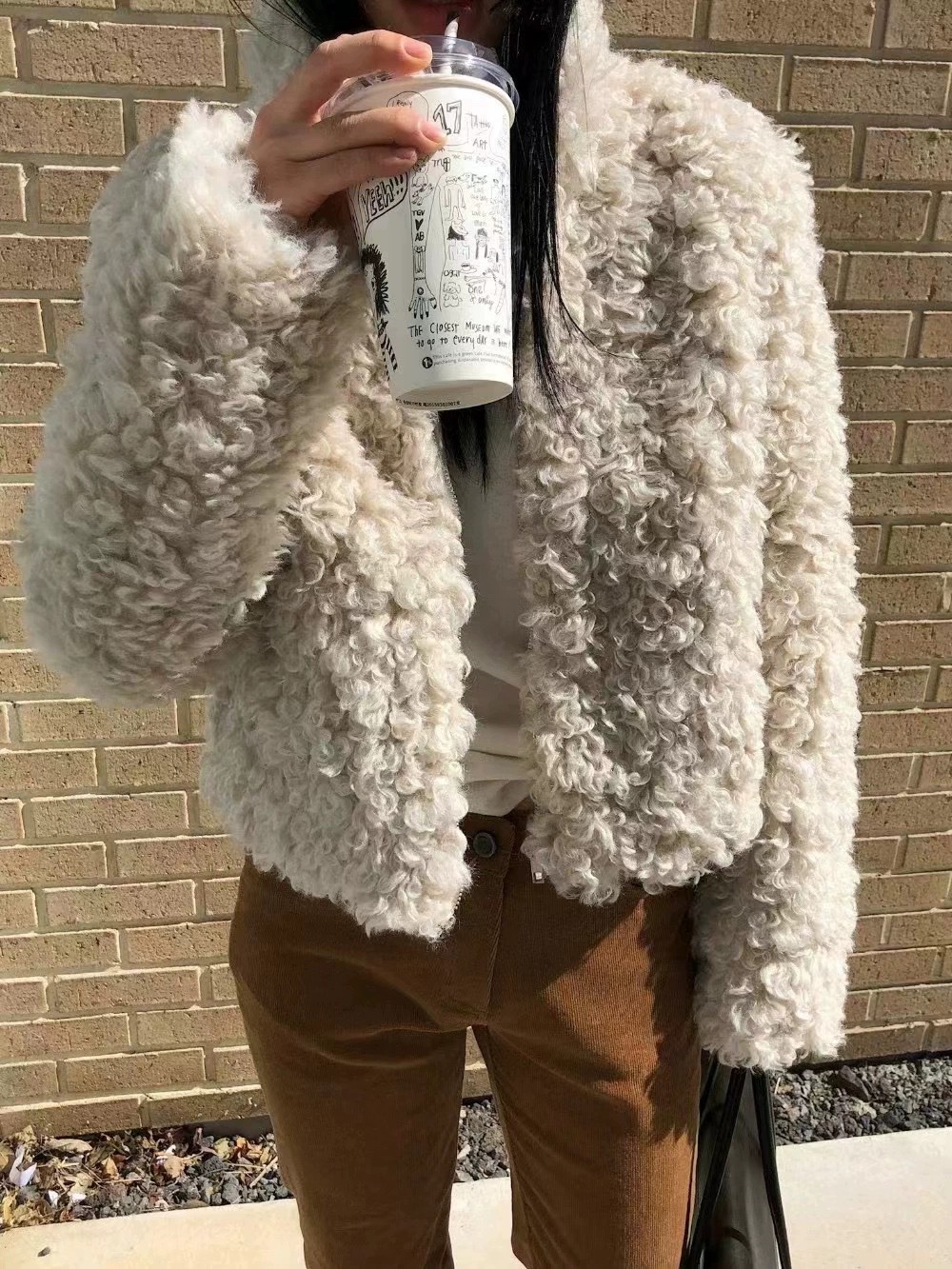 现货PREON工厂自制时髦简约立领圈圈毛拉链短款毛外套两色