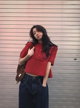 PREON工厂自制秋冬新款节日氛围感红色圆领短袖可爱短袖针织上衣