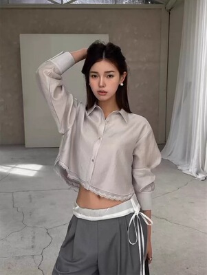 一周PREON自制春夏东大门同款法式蕾丝缎面长袖短款衬衫