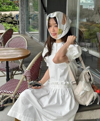 白现PREON工厂自制夏季新款可爱泡泡袖拼接褶皱短袖连衣裙fletta