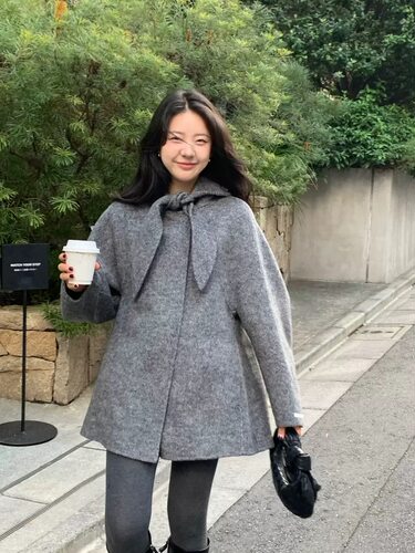 陆续PREON工厂自制冬季新款可爱连帽系带兔耳朵羊毛大衣外套