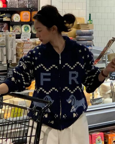 现货PREON工厂自制秋冬新款节日氛围印花拉链开衫外套farven同款