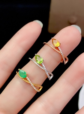 4*6mm水滴活圈925纯银镀白金祖母绿 橄榄石 黄水晶 戒指空托V1082