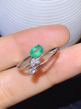 925银镀白金天然祖母绿戒指