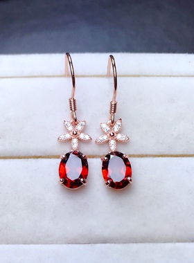 925银镀白金 6*8mm 天然石榴石 耳坠 空托V534