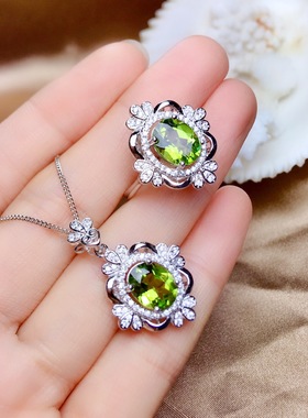 925银镀白金天然橄榄石戒指吊坠