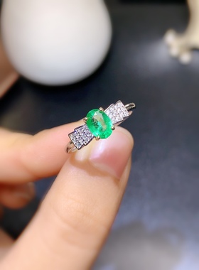 活圈 925银镀白金5*7mm 天然祖母绿 戒指空托 V845