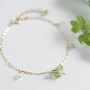 葵子手作 八月诞生石 森林系天然橄榄石海蓝宝14k包金可调节手链