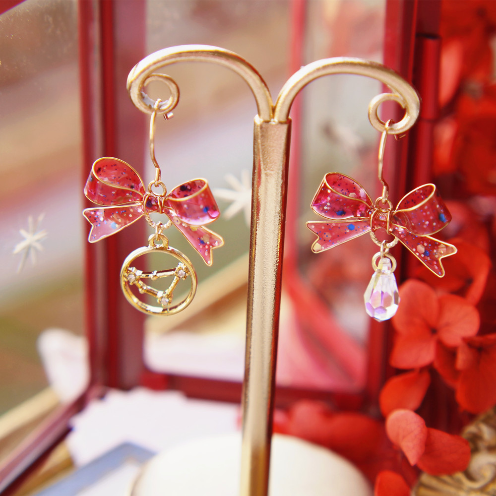 葵子手作 圣诞糖果 立体蝴蝶结星座吊牌奥地利水晶14k包金耳环