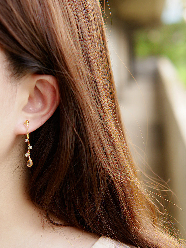 葵子手作 【honey】天然黄水晶水滴托帕石流苏14k包金耳环 诞生石