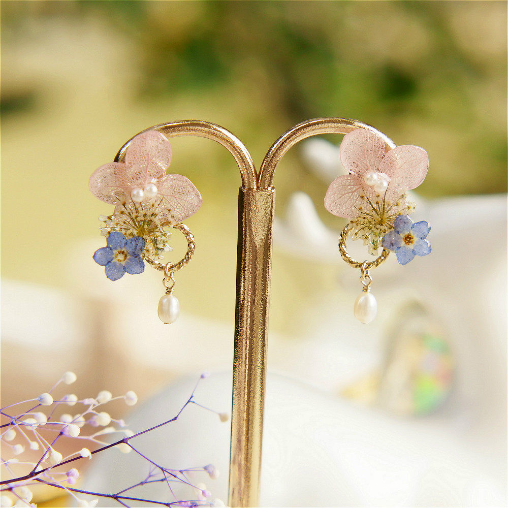 葵子手作 小花框 日本绣球花勿忘我小花定制珍珠款纯银耳钉