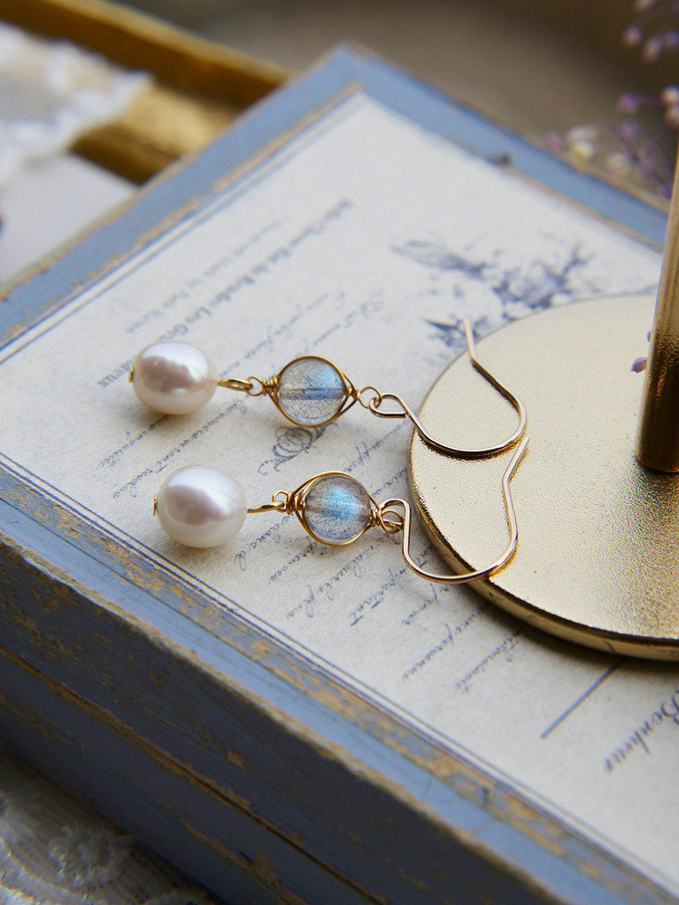 葵子手作 月光星辰 天然蓝光拉长石淡水水滴珍珠吊坠14k包金耳环