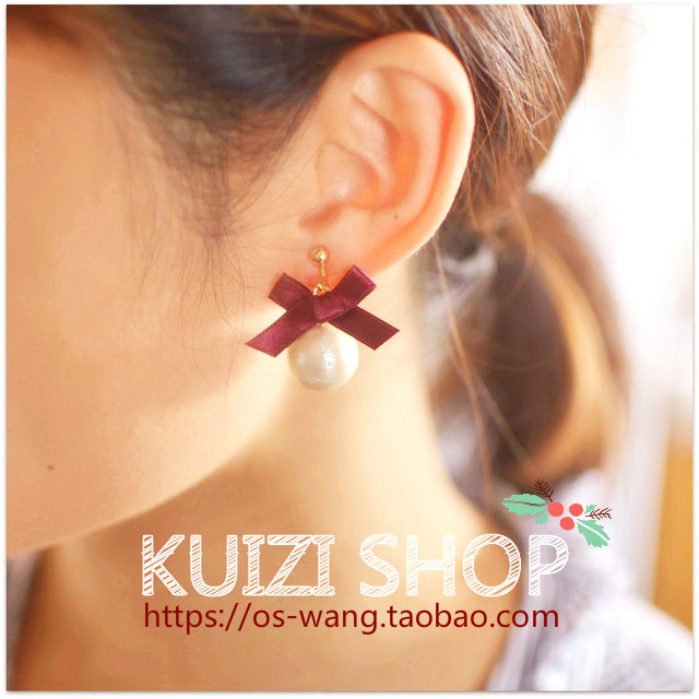 葵子手作 xmas圣诞限定 棉花珍珠酒红蝴蝶结纯银14k包金耳环耳夹