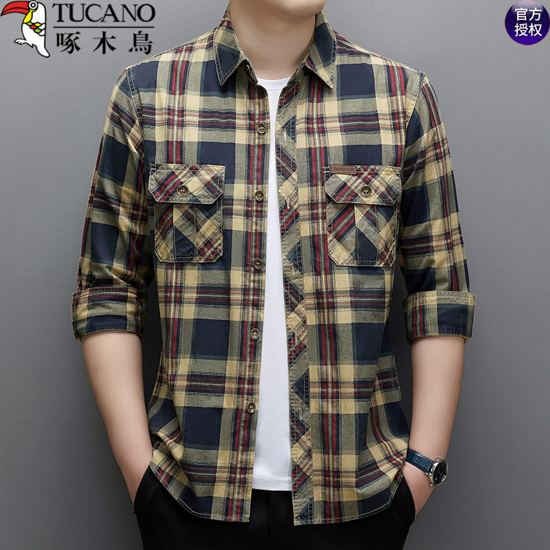 啄木鸟全棉军旅长袖衬衫男春秋季中青年格子口袋休闲工装衬衣外套
