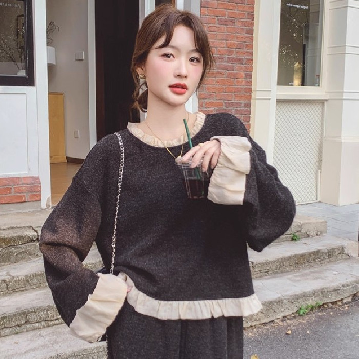 小香风木耳边撞色拼接套装女秋慵卫衣/绒衫