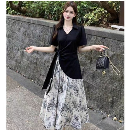 大码胖mm夏季水墨画新中式拼接高级感连衣裙绑带收腰显瘦中长裙女