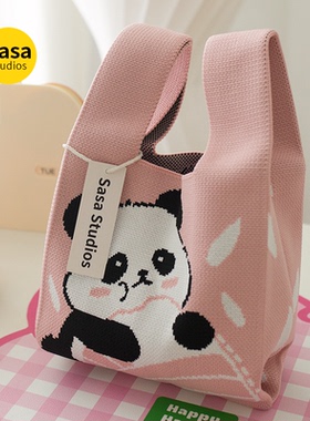 成都爷爷同款可爱熊猫针织手提包卡通伴手礼手拎包生日满月礼品袋