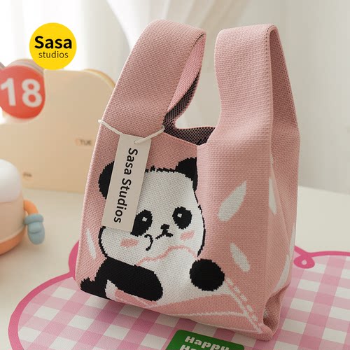 成都爷爷同款可爱熊猫针织手提包卡通伴手礼手拎包生日满月礼品袋