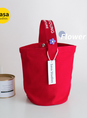 时尚简约韩国帆布水桶包休闲百搭妈咪包随身便携午餐饭盒袋手拎包