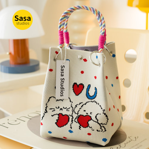 新款日韩ins可爱卡通针织手提包外出便携流行托特手拎方包手提袋