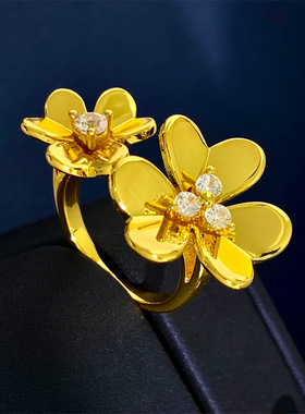 莫桑石花朵开口戒指女高级感镶钻戒指小众三叶草冷淡风气质食指环