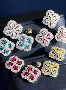 镂空四叶草耳钉女轻奢莫桑石彩色水晶时尚气质银色满钻耳环耳饰