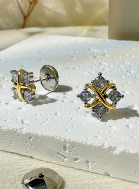 拼色工艺满钻菱形耳钉气质优雅设计感字母X耳环小巧精致锆石耳饰