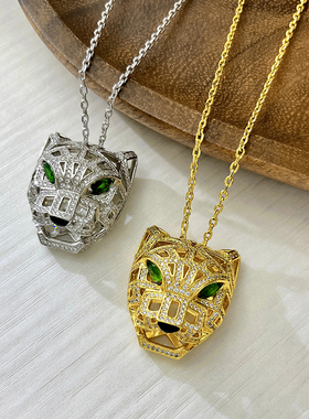欧美闪钻豹子项链女镶嵌锆石奢华绿色眼睛长款猎豹项链毛衣链饰品