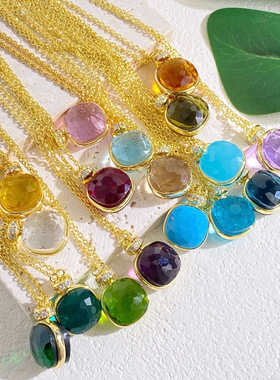 新款方块彩色宝石水晶项链女小众文艺高级感气质简约通勤锁骨链女