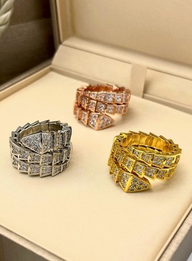 欧美奢华宽版蛇形戒指镶钻锆石高级感时尚轻奢精致蛇骨开口食指环