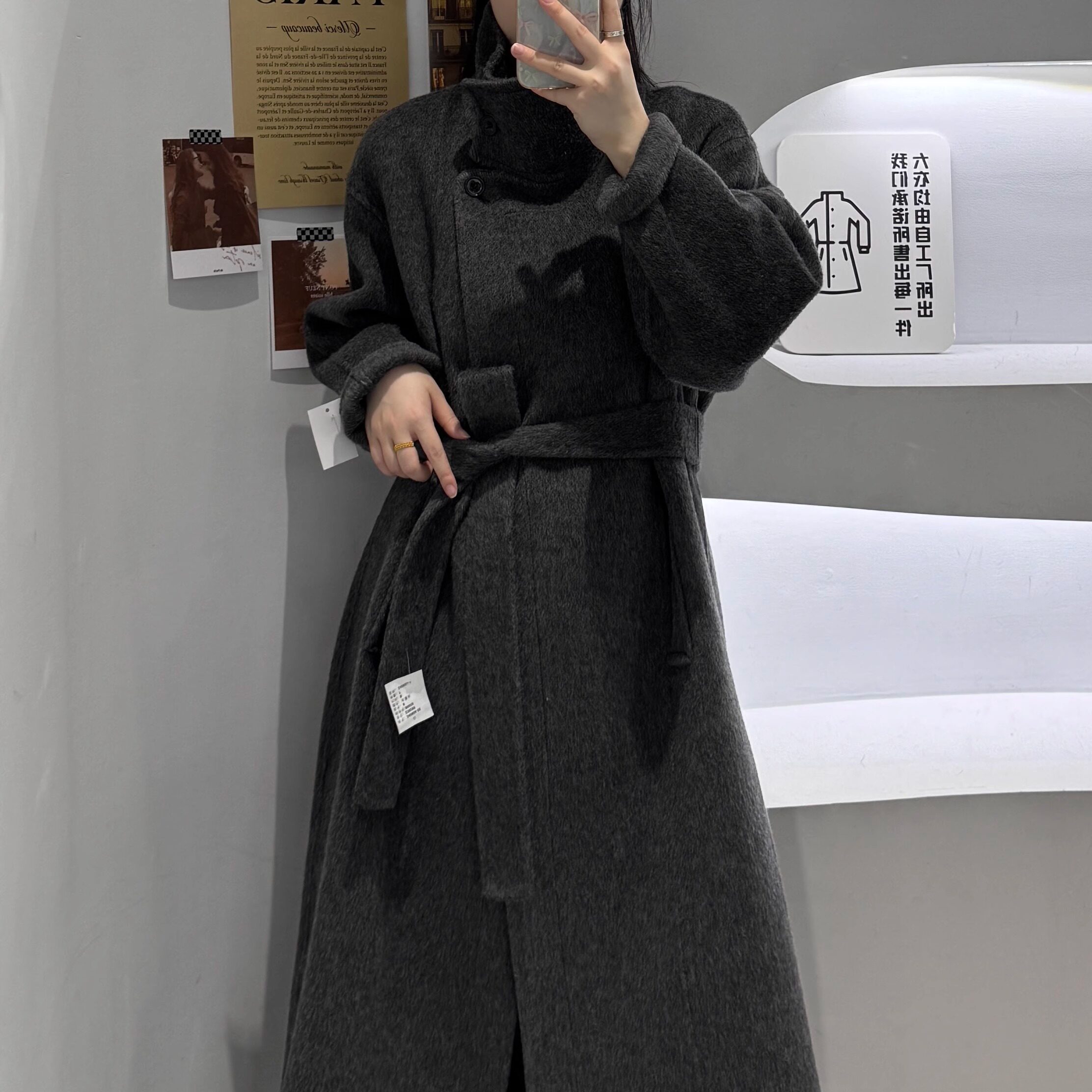 反季清仓中长款水墨灰双面羊毛大衣高级感秋冬新款毛呢外套风衣