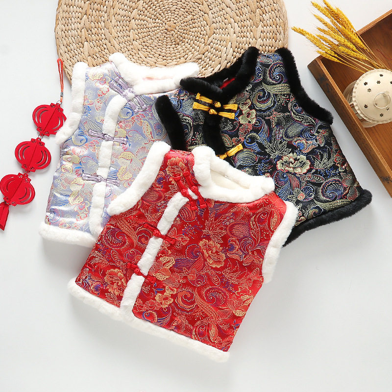 喜庆新年马甲儿童唐装汉服男女童加绒加厚棉背心中国风双旦表演服