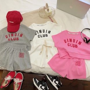 夏季纯棉韩版字母洋气休闲套装短裤短袖T恤中大童女童运动套装