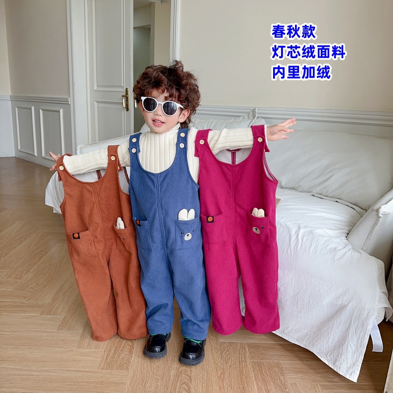 幼儿宝宝灯芯绒背带裤男女童装韩版春秋冬季小孩保暖裤子可开档